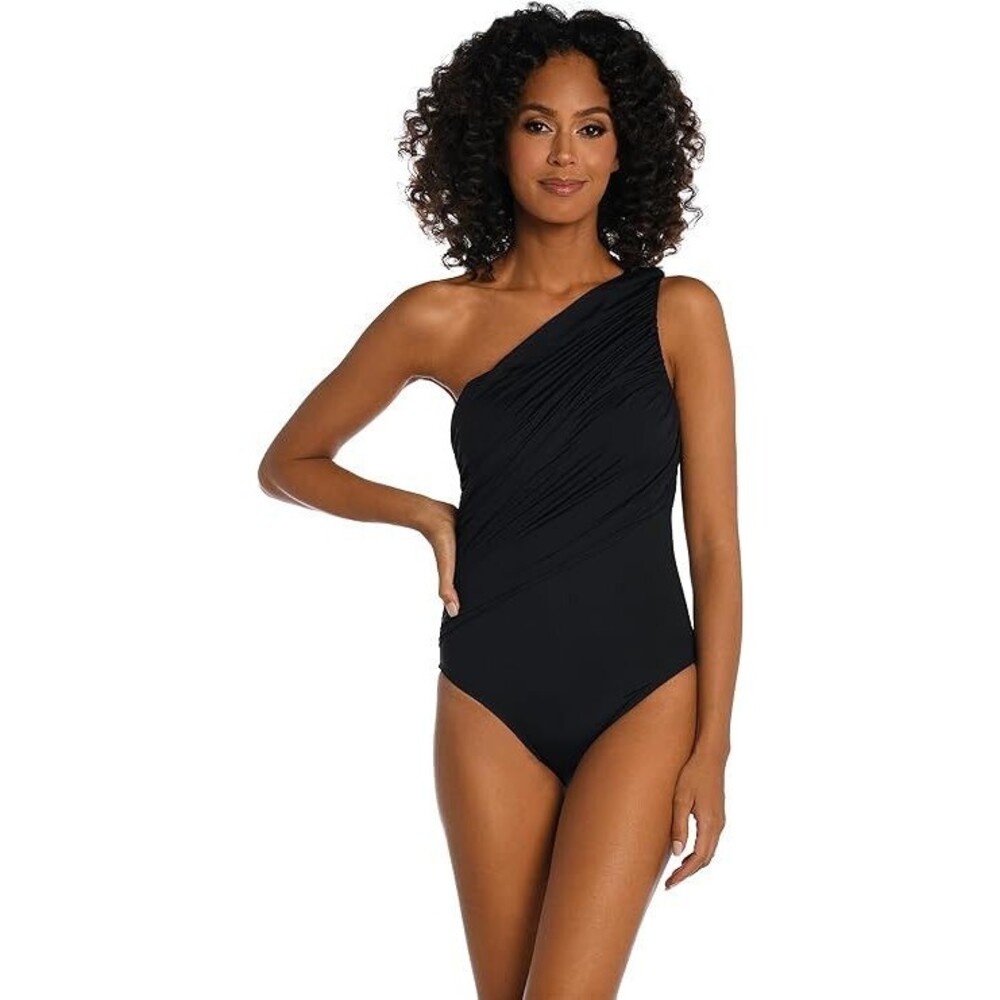 La Blanca Womens Shirred One Shoulder One‎ Piece Swimsuit Black Size 16